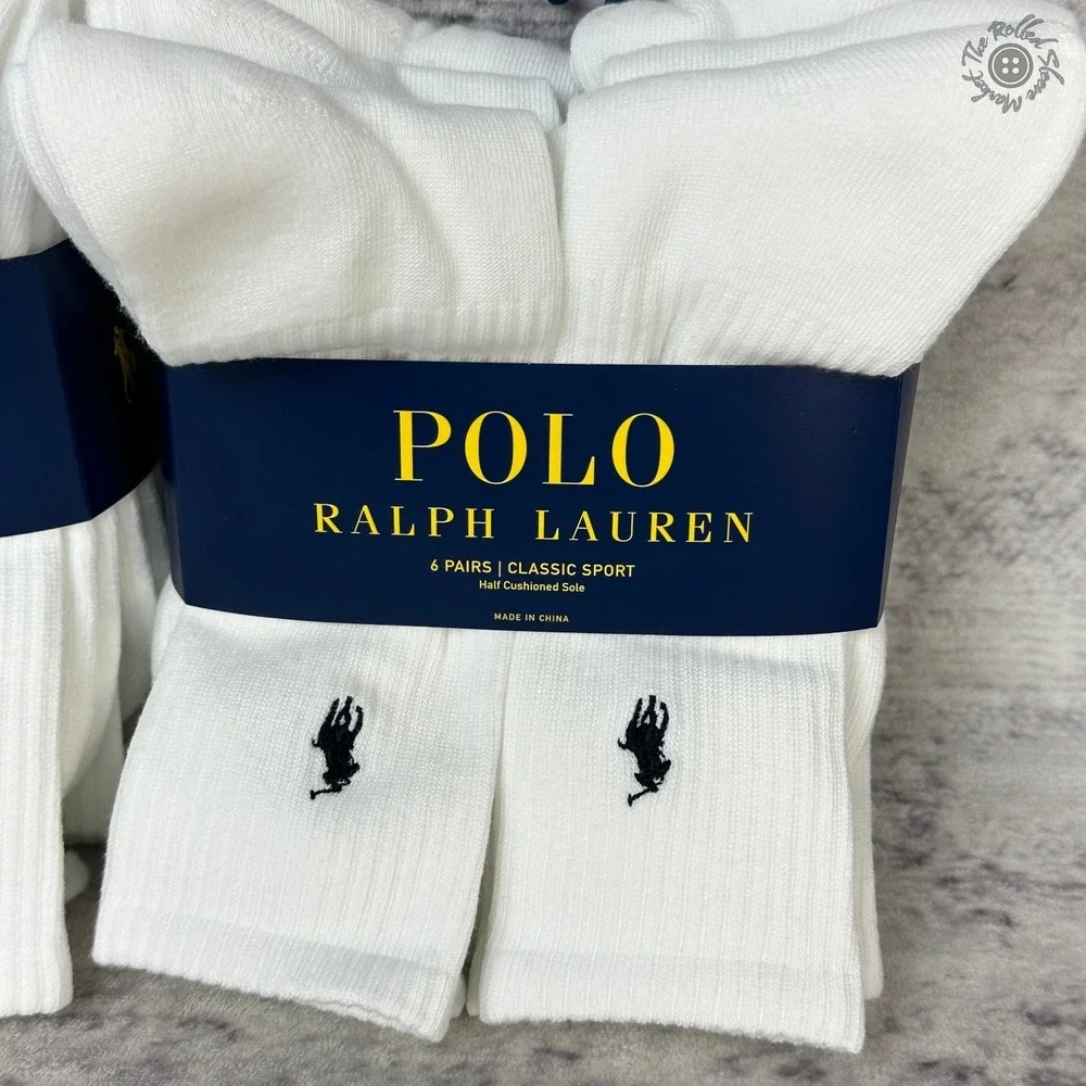 New - Lot of 2 - Polo Ralph Lauren Classic Sport Crew‎ Socks White 6 Pair Packs